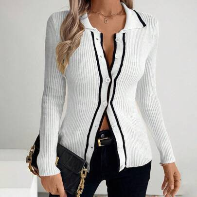 French Elastic Ribbed Knit Cardigan Sweater With Contrast Trim & Collar | SHEIN