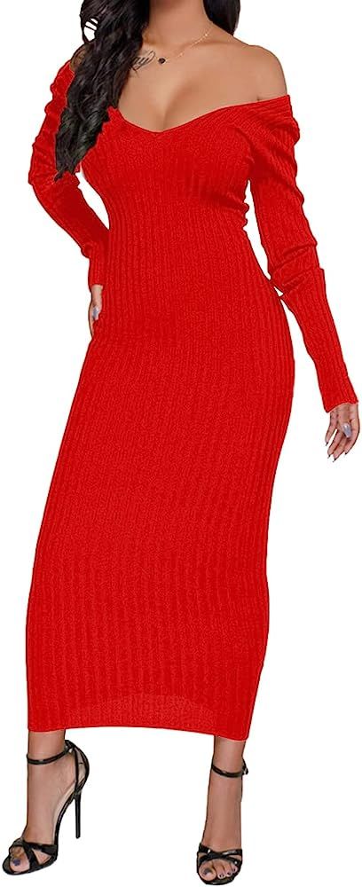SheKiss Womens Elegant V Neck Wrap Knit Dresses Off Shoulder Solid Color Slim Maxi Sweater Dresse... | Amazon (US)
