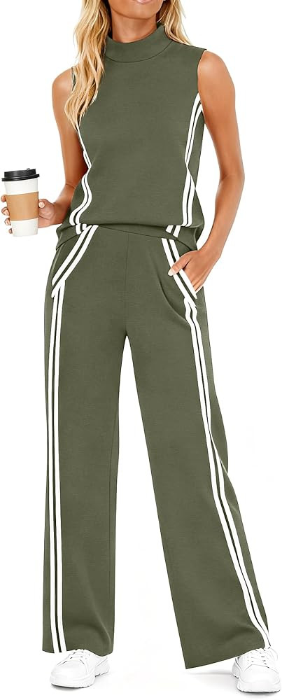 Casly Lamiit Womens 2 Piece Lounge Set Stripes Travel Outfits Sweatsuit Mock Neck Tank Top Wide L... | Amazon (US)