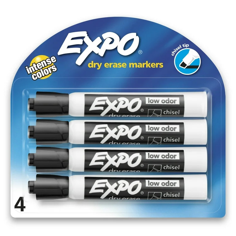 Expo Low Odor Dry Erase Markers, Chisel Tip, Black, 4 Count | Walmart (US)