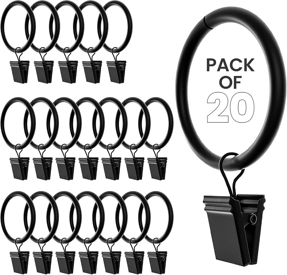 Curtain Rings with Clips 1.5 Inch Set of 20 Heavy Duty Curtain Hooks for Drapes, Caps, Pictures -... | Amazon (US)