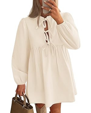 ZESICA Women's Dress Fall Long Puff Sleeve Self Tie Front Babydoll A Line Pleated Cute Mini Tunic... | Amazon (US)