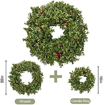 RED DECO Spring Wreaths for Front Door 20 + 16 Inch, Artificial Green Boxwood Berry Indoor Outsid... | Amazon (US)