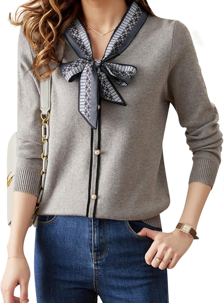 LAI MENG FIVE CATS Women's Vintage Tie Neck Sweater Knit Shirt Long Sleeve Tunic Pullover Blouse ... | Amazon (US)