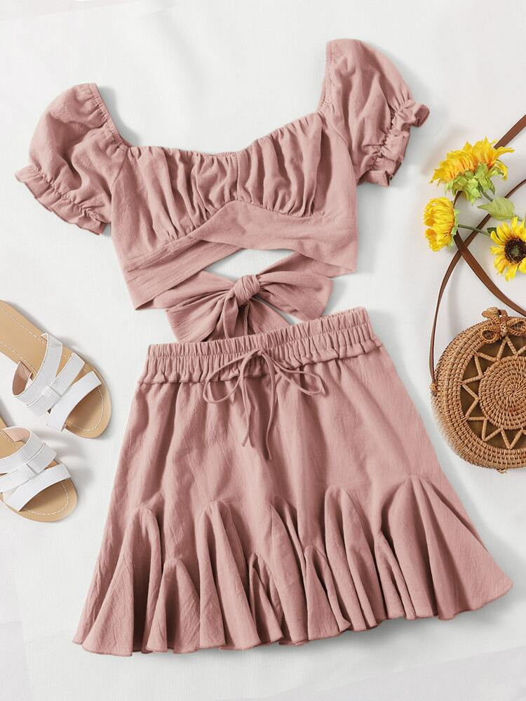 SHEIN Ruched Bust Cross Wrap Tie Back Crop Top & Godet Hem Skirt Set | SHEIN