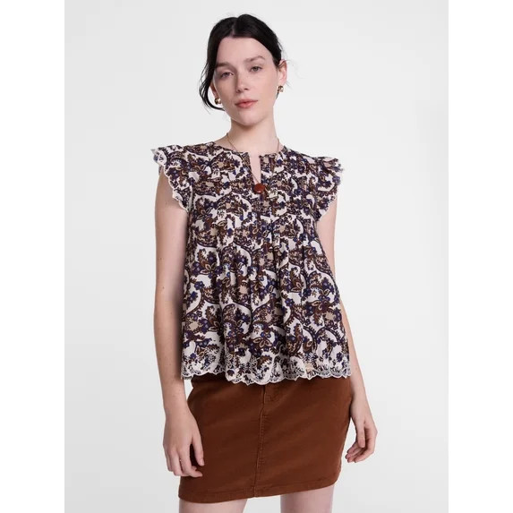 Scenario Women's and Women's Plus Short Sleeve Pleated Embroidered Printed Top, Sizes XS-4X | Walmart (US)