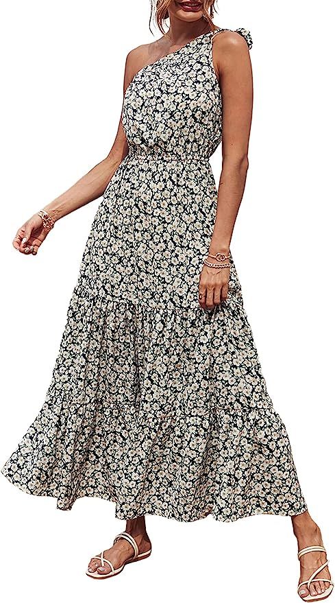 PRETTYGARDEN Women's Floral Summer Dress 2023 Knot One Shoulder Sleeveless Ruffle Hem Flowy Boho ... | Amazon (US)