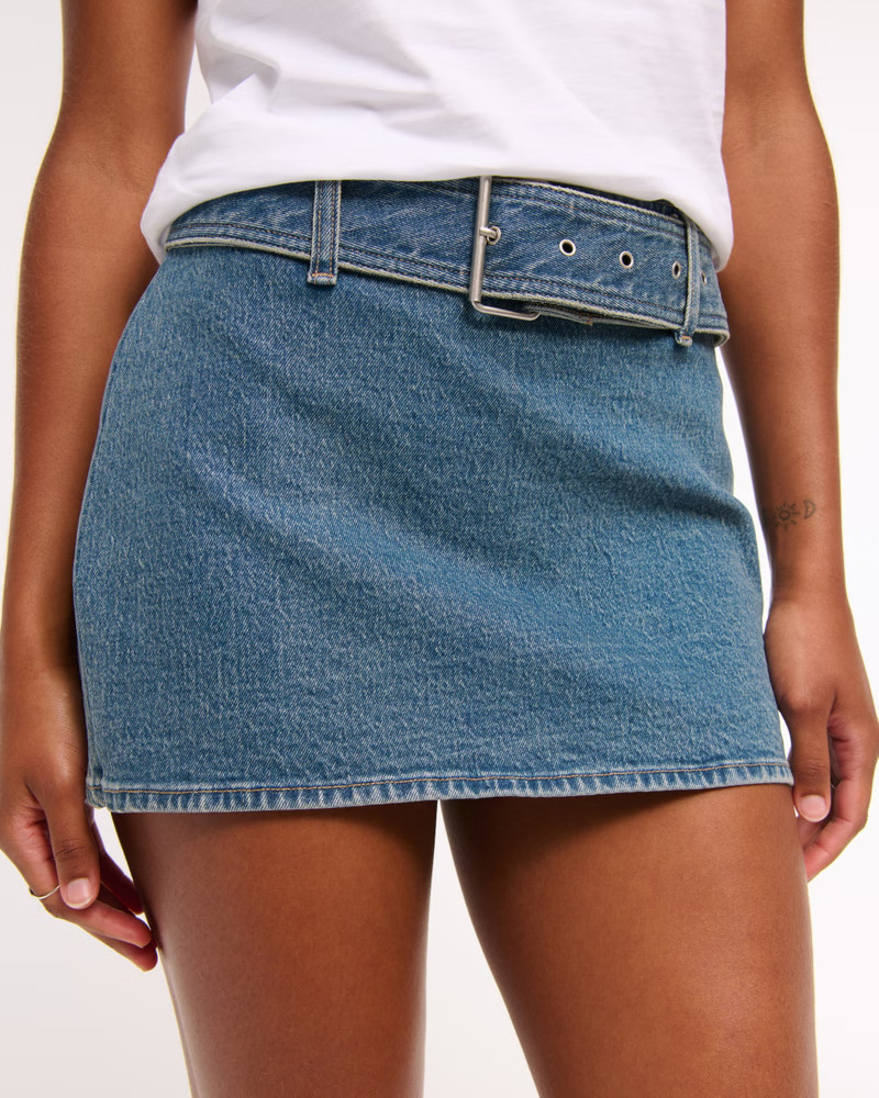 Curve Love Mid Rise Belted Denim Mini Skort | Abercrombie & Fitch (US)