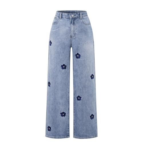 Women's Flower Decal Leg Denim Pants High Waisted Straight Leg Pants Jeans with Pockets (0804-L) Blue | Amazon (US)