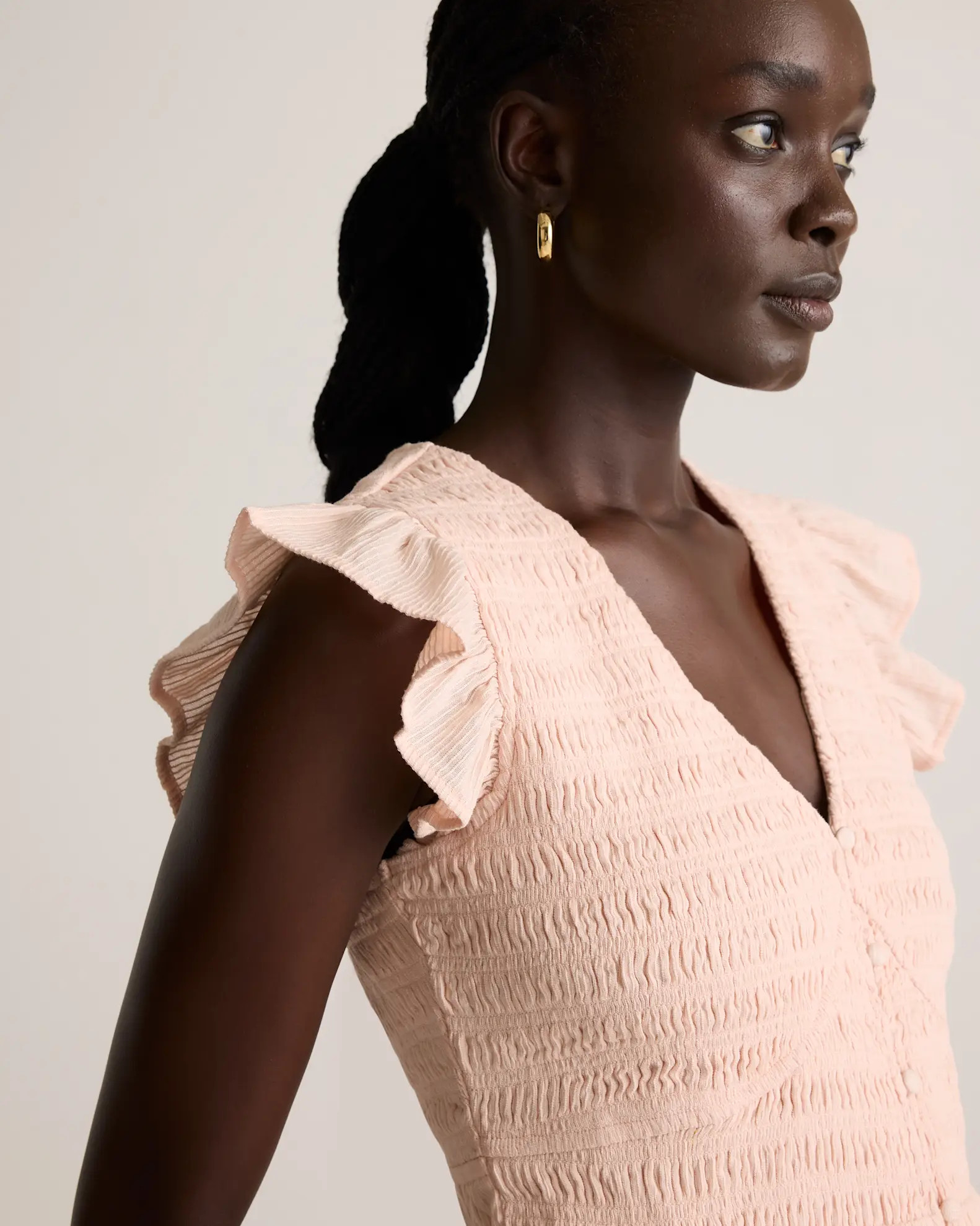 Organic Textured Cotton Smocked V-neck Midi Dress | Quince