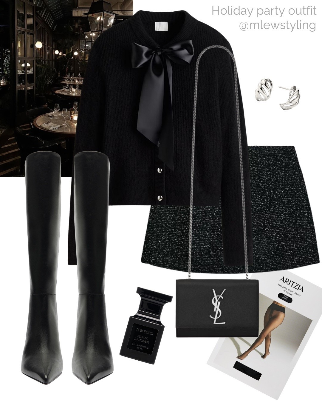Holiday party outfit with a bow cardigan 🖤💫

Tags: thanksgiving outfit, Christmas party, chic fall look, new in H&M bow sweater, black skort, mini skirt, black heeled knee boots, ysl evening bag, sheer tights, tom ford perfume, Mejuri earrings, holiday dinner 

#LTKHoliday #LTKShoeCrush #LTKParties