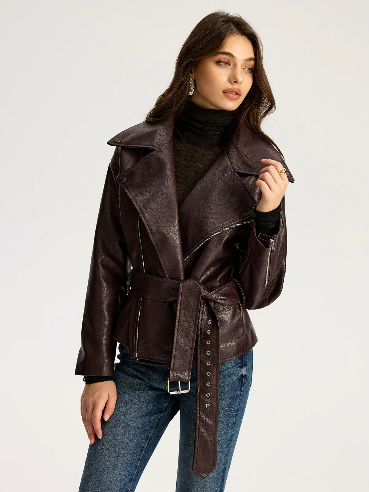 Zip Front Belted Faux Leather Jacket | Commense
