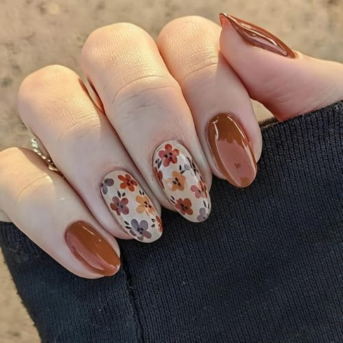 Fall Press on Nails Medium Almond Brown Fake Nails | Retro Flower Design, Glossy, Reusable, Women... | Amazon (US)