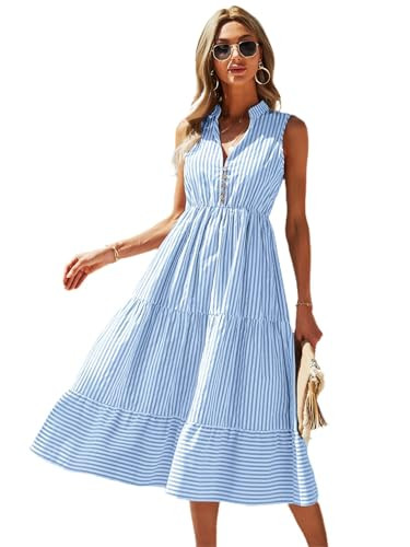 Floerns Women's Striped Print Notched Neck Sleeveless Ruffle A Line Midi Dress | Amazon (US)