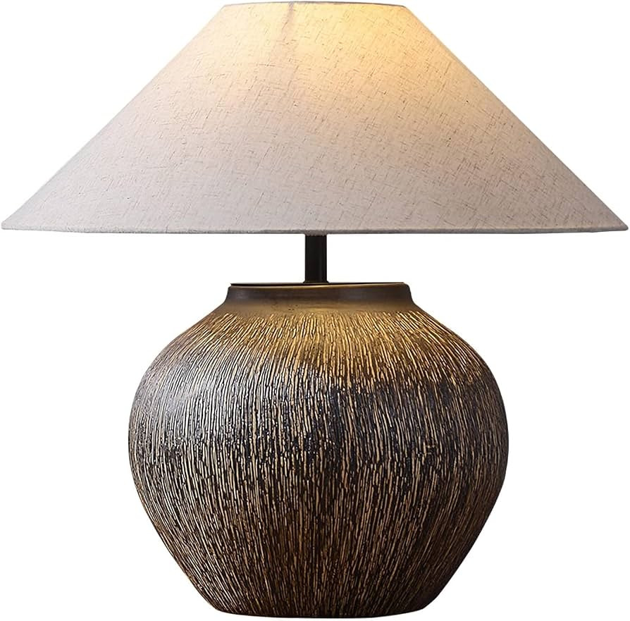 Rustic Farmhouse Table Lamp 20.8" Neutral Ceramic Table Lamp Brown White Checkered Ceramic with L... | Amazon (US)