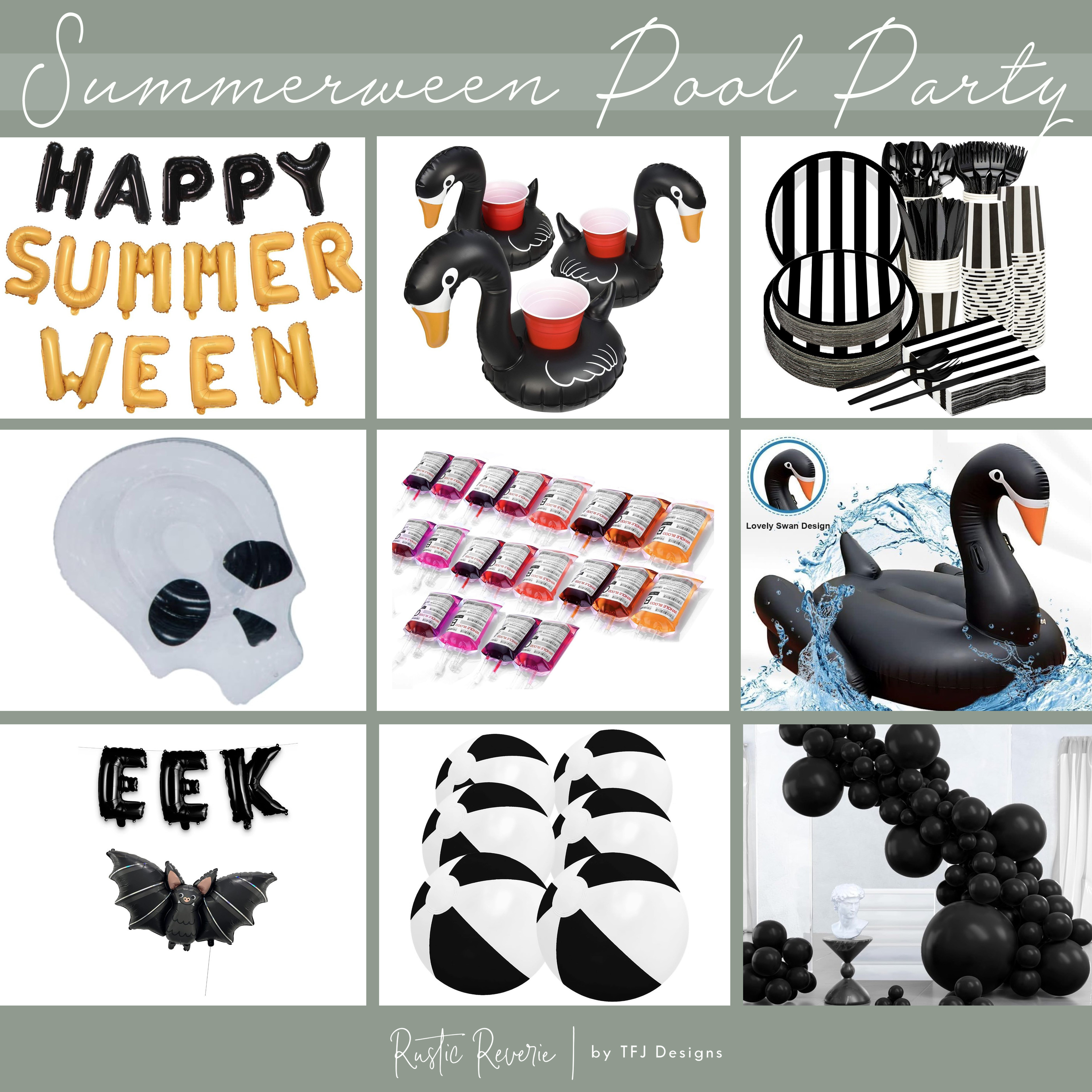 Planning a Summerween Pool Party this year?! Here's some fun pool floats, balloons, partyware and "blood" drink pouches to kick off your planning. 🎃 family adult kid tween teen summer halloween party skull black swan beach balls bat summer outfit goth vampire pumpkin skeleton 

 #LTKSeasonal #LTKParties #LTKSwim