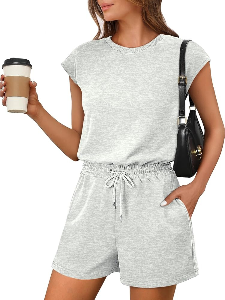 ANRABESS Rompers for Women Summer 2026 Casual Cap Sleeve Crewneck Drawstring One Piece Jumpsuit O... | Amazon (US)