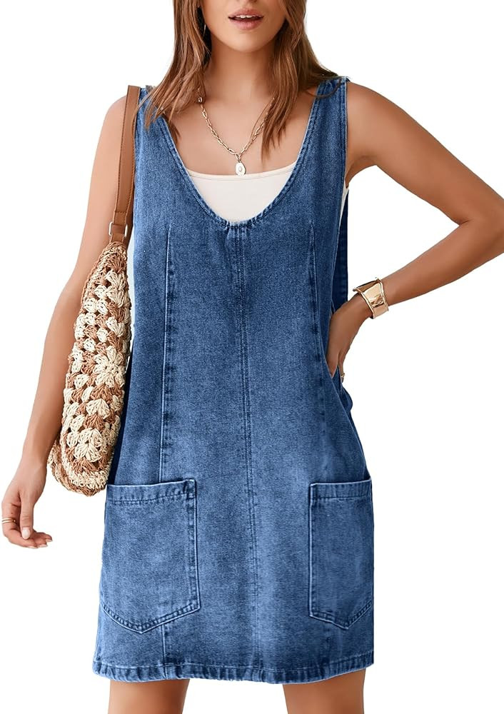 BerryGo Women's Denim V Neck Sleeveless Overall Dress Casual Mini Pinafore Dress Short Jumper Jea... | Amazon (US)