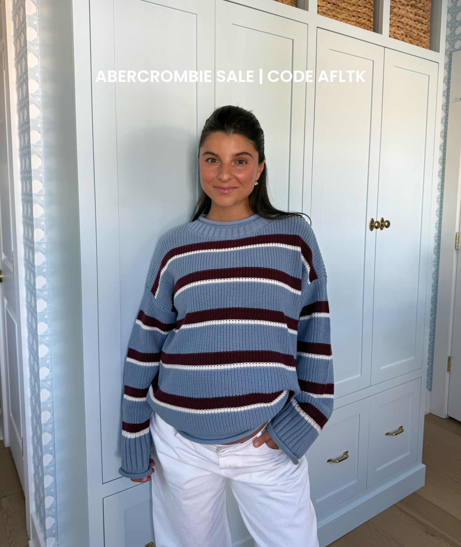 [10/10/26] @abercrombie currently 30% off sweaters/sweatshirts + stackable 20% off with code AFLTK | linking this adorable 100% cotton sweater + my most worn denim through pregnancy - wearing size 29 short in jeans + small in sweater. Linking other favorites on sale for 20% off with code!