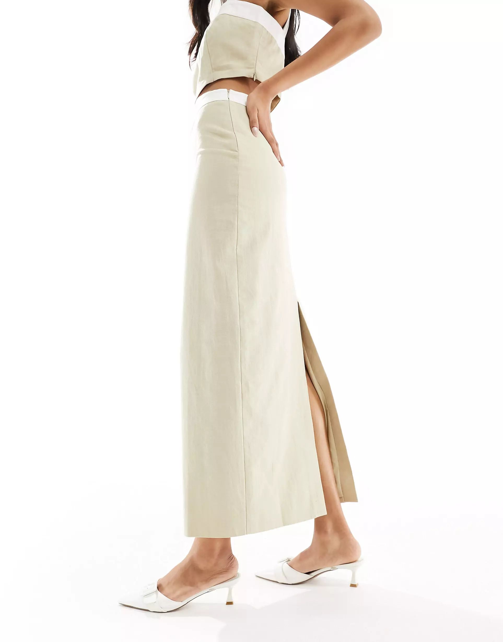 4th & Reckless linen look contrast trim column maxi skirt co-ord in beige | ASOS | ASOS (Global)