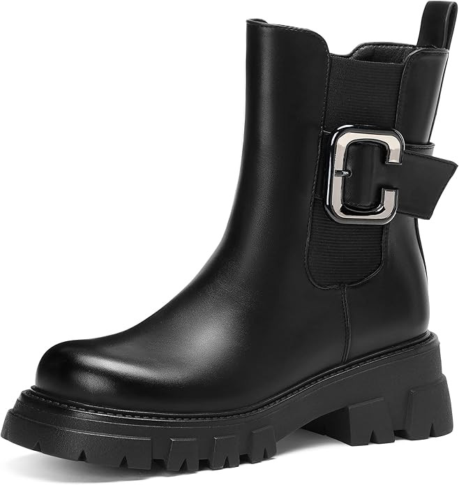 CouieCuies Black Chelsea Boots for Women Round Toe Chunky Thick Motorcycle Boot Comfortable Gothi... | Amazon (US)