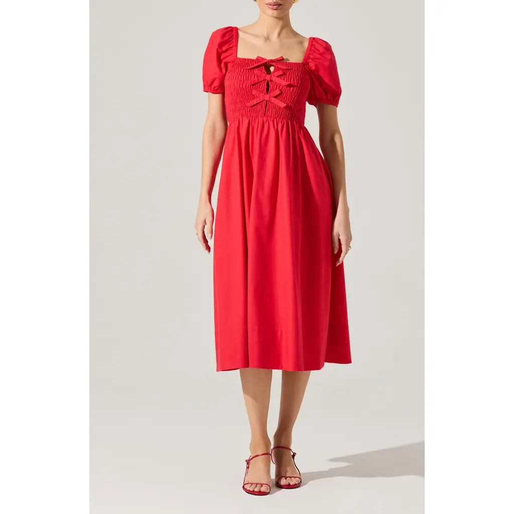ASTR the Label Bow Detail Smock Bodice Cotton Blend Dress in Red at Nordstrom Rack, Size X-Large | Nordstrom Rack