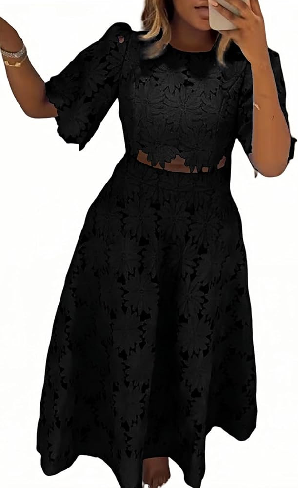 NIFTRIRY Two Piece Sets for Women Dressy Solid Color Embroidered Short Sleeve Crop Top and Maxi S... | Amazon (US)