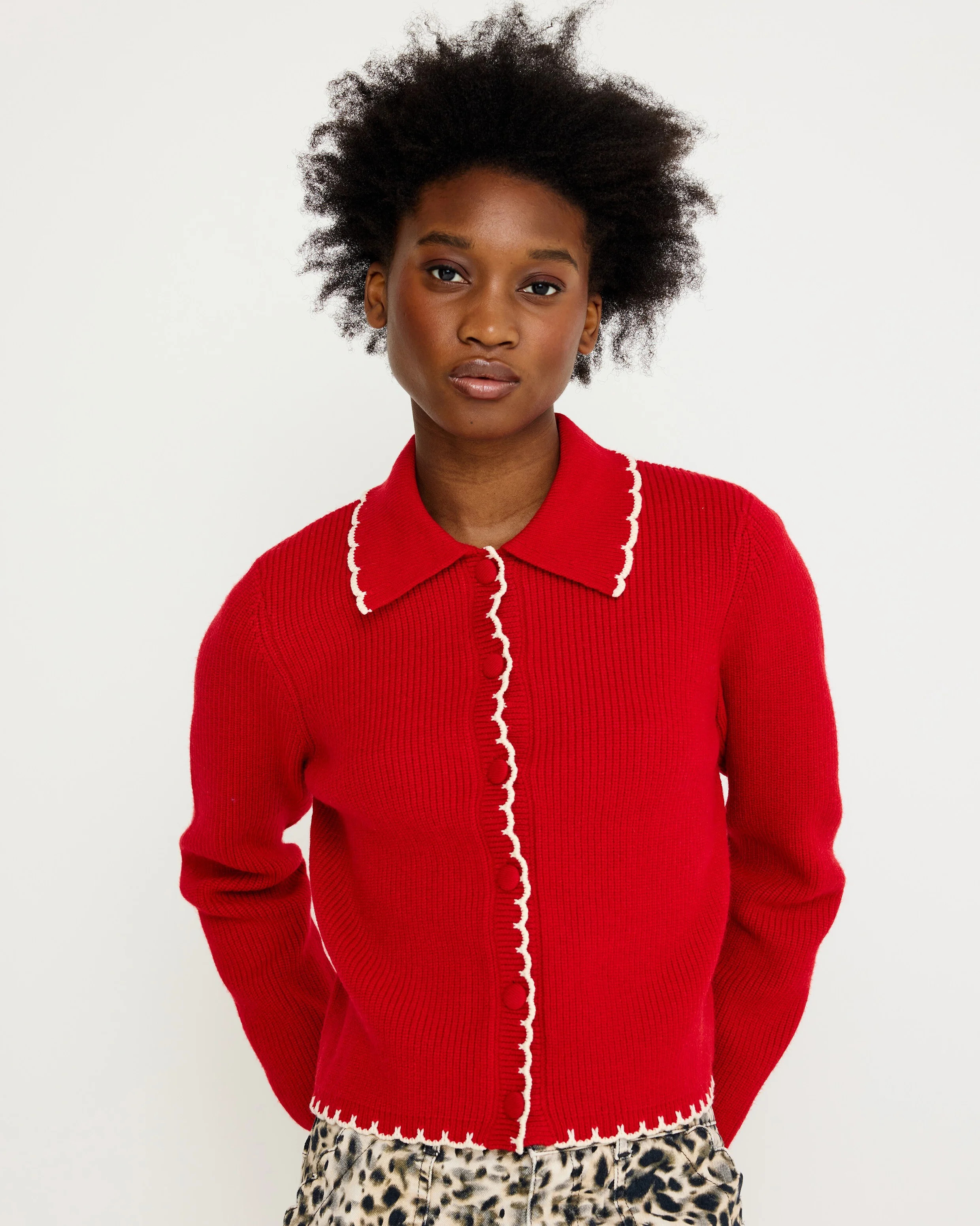 Red & White Blanket Stitch Collared Knitted Cardigan, size 10 | Oliver Bonas (Global)