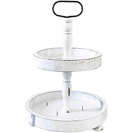 Distressed Wood Two Tiered Tray, 2 Tier Tray with Metal Handle, Rustic Tiered Tray Decor, Wooden Whi | Amazon (US)