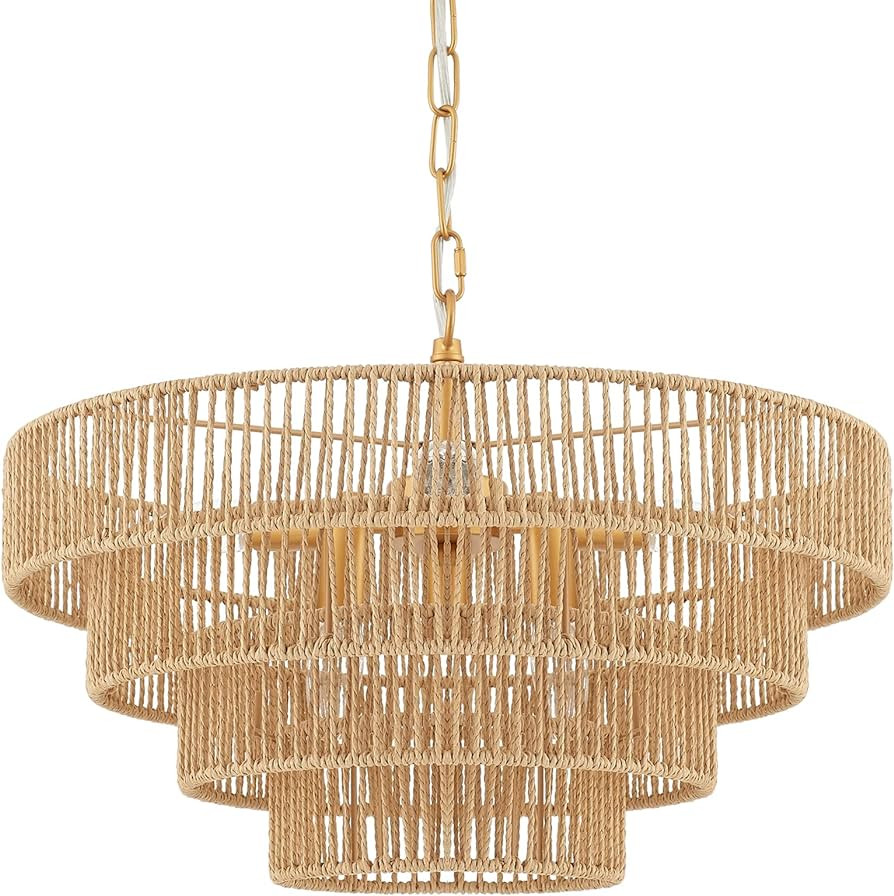 ELYCCUPA 6-Lights Hand-Woven Rattan Pendant Light 4 Round Transitional Minimalist Boho Large Pendant | Amazon (US)