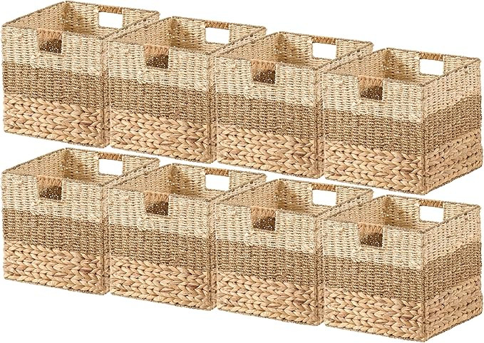 Ornavo Home 13" x 13" Inch Water Hyacinth Storage Basket Set of 8 with Handles | Natural Handwove... | Amazon (US)