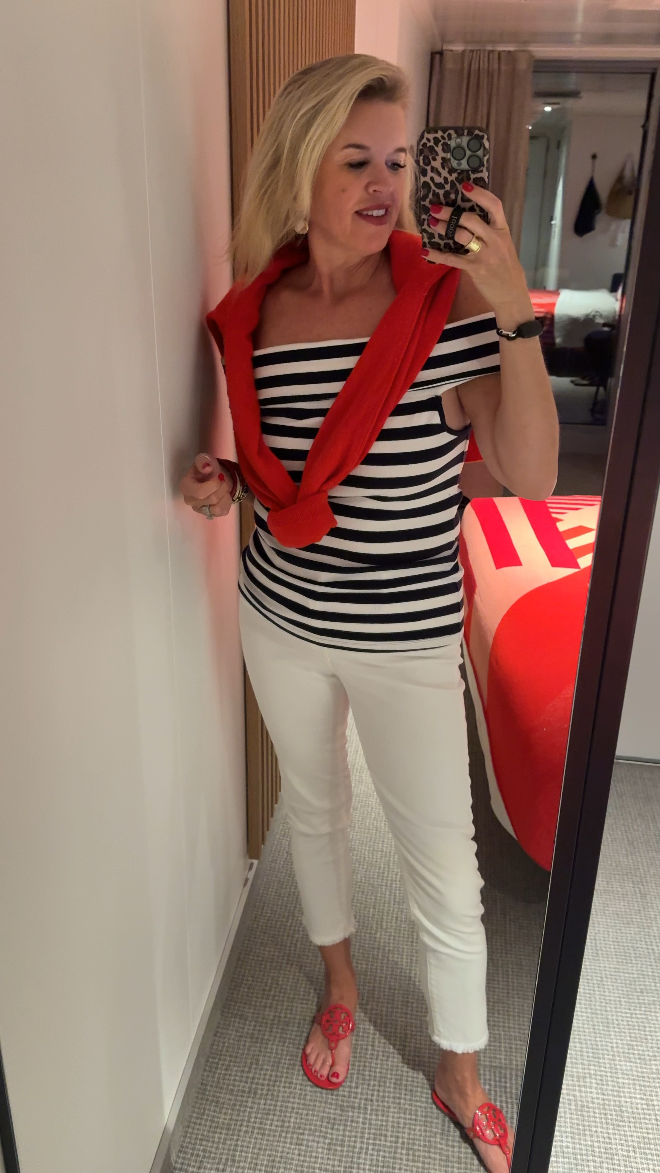 Sale🚨
🚢⚓️🌊a little natural outfit inspiration perfect for warm weather vacations.

🚨 sale-Chicos white girlfriend straight leg jeans fit tts I am wearing a size 4 in Chicos it’s a 0

Off the shoulder strip top banana republic  tts

Red Tory Burch miller sandals tts

Red cashmere sweater 

Allie & Bess bracelets with Budha girl bracelets 
Save 20% on Allie & Bess with code DARCY20

Amazon find sea shell earrings 

Great gift ideas🎁🎁




#LTKGiftGuide #LTKWatchNow #LTKSaleAlert