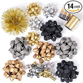 WRAPAHOLIC 14 Pcs Gift Bows Assortment - 10 Multi Colored Assorted Size Gift Bows(Black, Gold, Si... | Amazon (US)