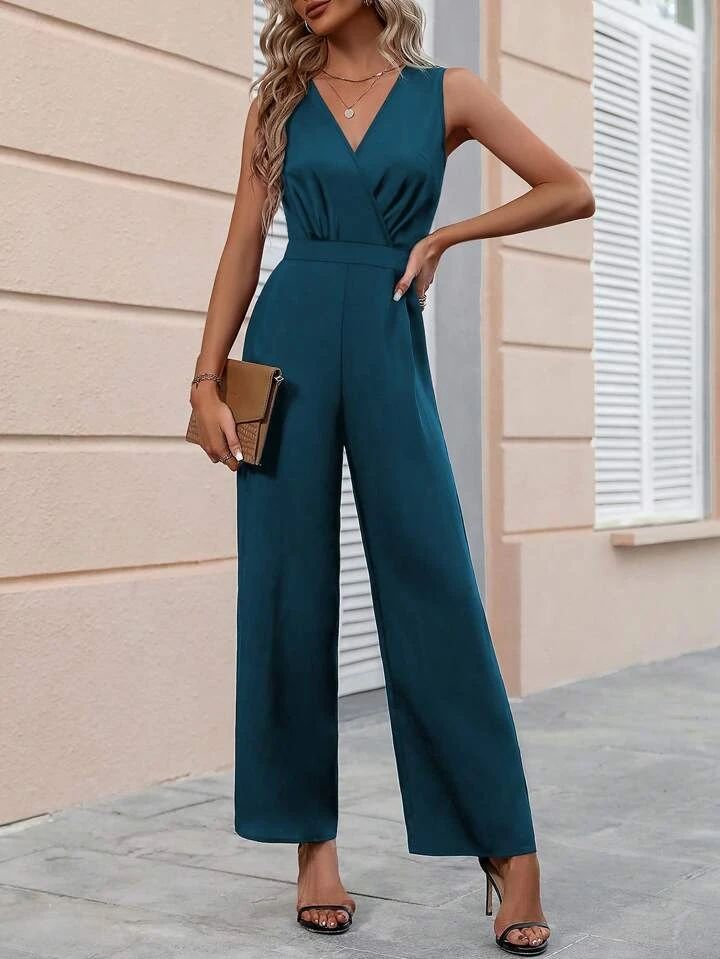 SHEIN Privé Solid Surplice Neck Wide Leg Jumpsuit | SHEIN