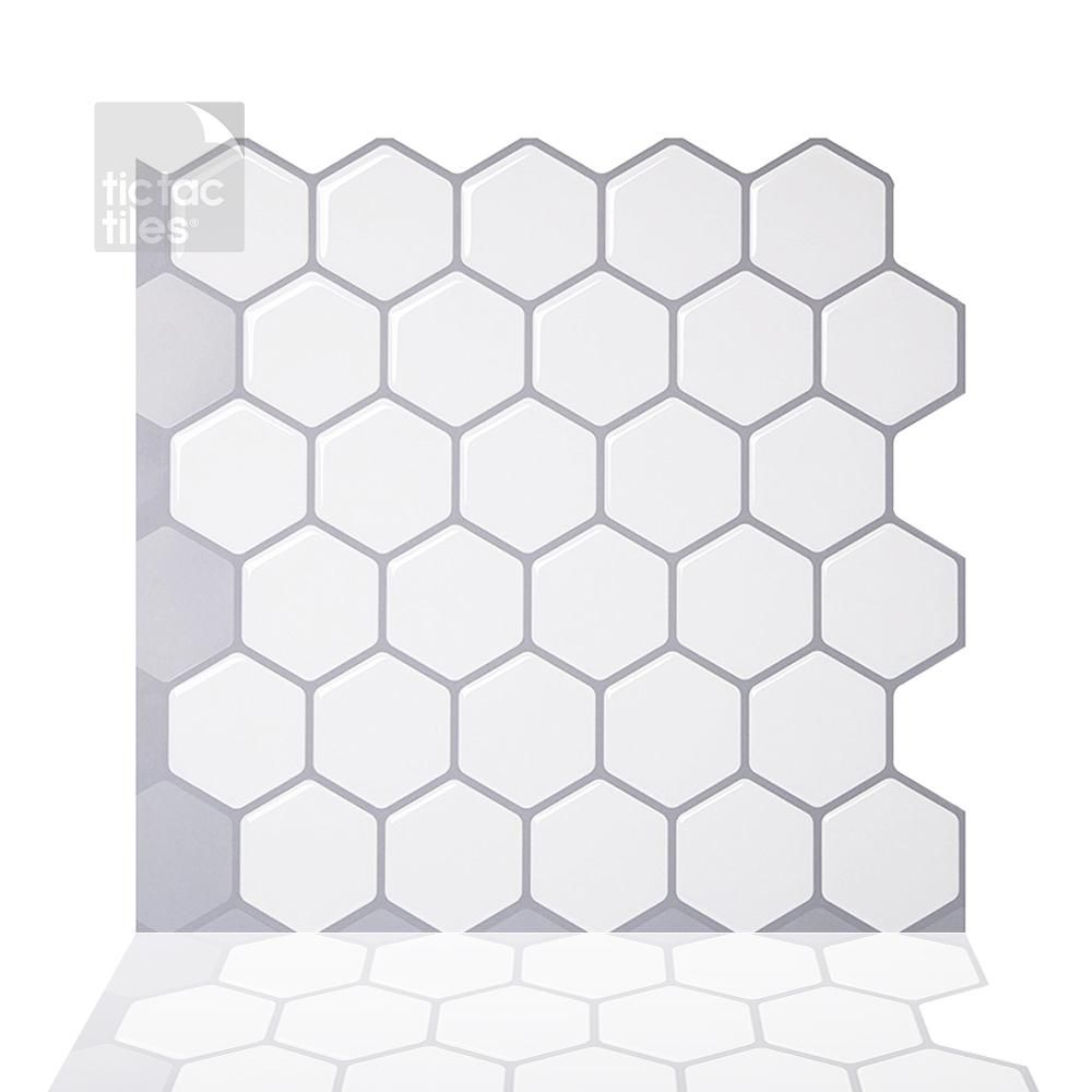 Tic Tac Tiles Hexa Mono White 10 in. W x 10 in. H Peel and Stick Self-Adhesive Decorative Mosaic Wal | The Home Depot