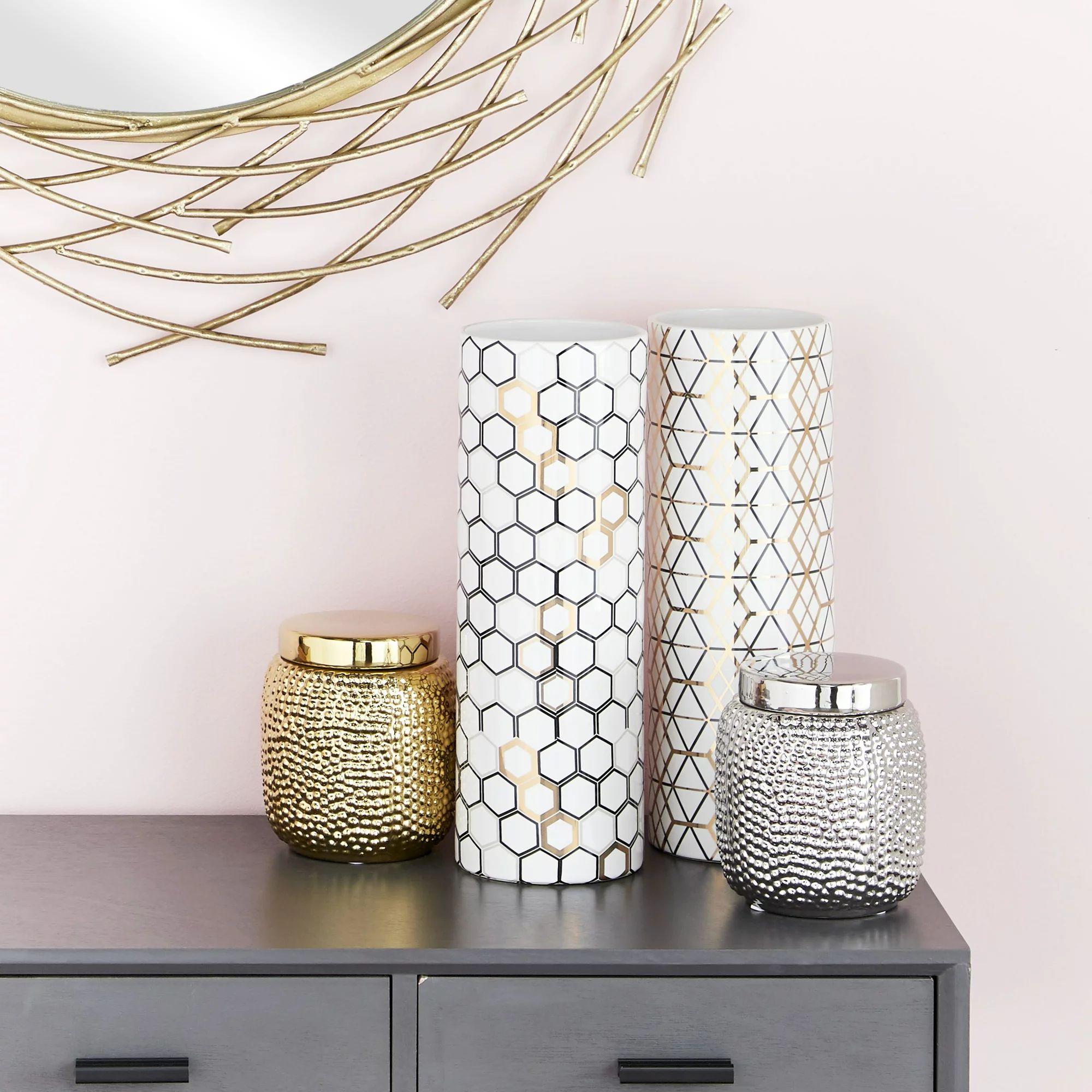 CosmoLiving Tall, White, Cylinder Vases with Black & Gold Eclectic Patterns | Set of 2: 5" x 14" ... | Walmart (US)