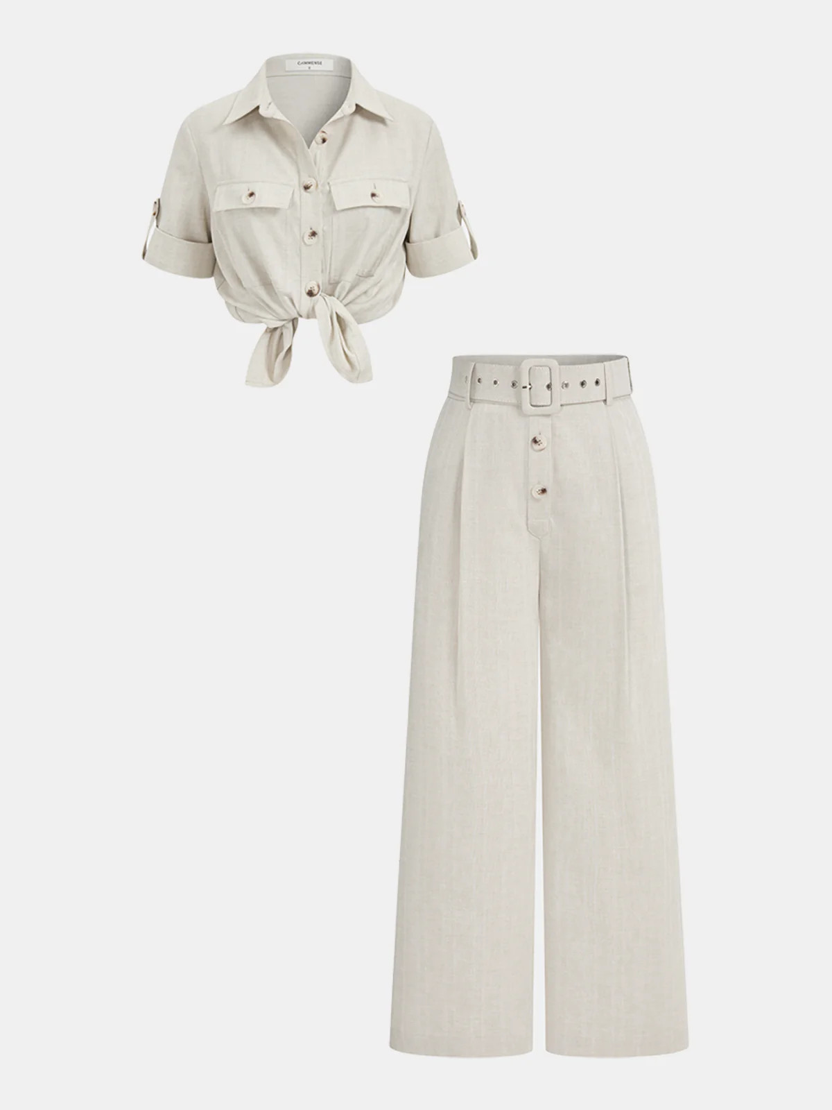 Cotton Linen Knotted Shirt & Belted Pants Set | Commense