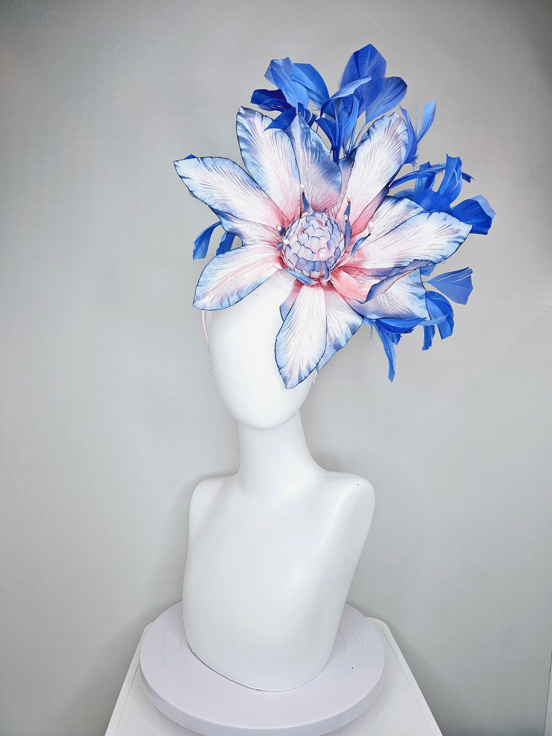 Kentucky Derby Hat Fascinator Large Light Blue and Pink Satin Flower and Blue Feathers - Etsy | Etsy (US)