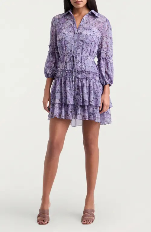 Cinq à Sept Painted Hydrangea Marsea Ruffle Chiffon Shirtdress in Lilac Wine Multi at Nordstrom,... | Nordstrom