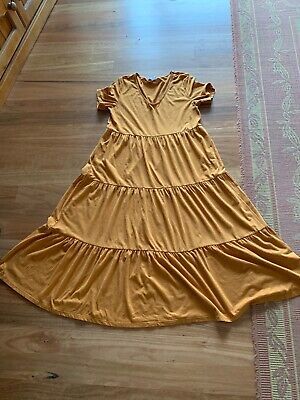 LADIES CUTE BROWN/MUSTARD POLY/ VISCOSE SHORT SLEEVE LONG DRESS BY ANKO SIZE  8 | eBay AU
