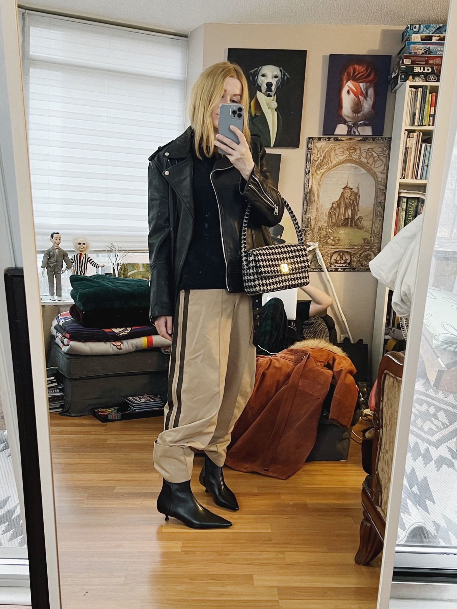 This is a basics day for me which probably looks quite different than someone else’s basics day. That’s because we often choose our basics unknowingly with our personal style preferences. And how you wear them will also be dictated by your style even if it’s not intentional. To break it down my basics here consist of a tan cotton trouser, black cashmere sweater, black boot, and a leather moto. If we gave this list to five different people I guarantee every persons selections would be different even though they all still are just basics. 

For example to breakdown mine: both my jacket and sweater are an oversized fit. The jacket is made oversized, for the sweater I went up in size. The trousers are wide leg but have a sporty stripe. Here I did the elastic band trick on the hem (grab, elastic, tuck under) in order to slim the bottom and not have them drag today.  The boots have a strong pointy toe and a kitten heel. This is another example of how your adjectives come in to play when choosing your wardrobes, even your basics. They’ll work for you and with you if you make the right selection. Another person’s outfit of these same basics would look very different than mine.
•
.  #winterLook  #StyleOver40  #kittenHeel  #basics  #oversized  #secondhandFind #thriftFinds #FashionOver40  #MumStyle #genX #genXStyle #genXInfluencer #kittenHeels #thriftFind #WhoWhatWearing #genXblogger #secondhandDesigner #Over40Style #40PlusStyle #Stylish40s #styleTip  #HighStreetFashion #StyleIdeas


#LTKstyletip #LTKshoecrush #LTKFind