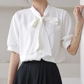 Puff-Sleeve Tie-Neck Blouse | YesStyle Global