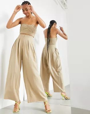 ASOS EDITION pleat front wide leg pants in taupe | ASOS (Global)