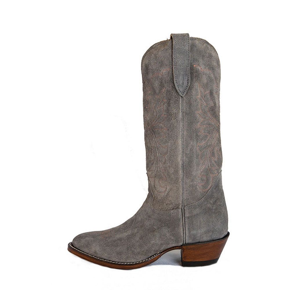 Grey Vegan Suede Round Toe Embroidered Western Mid-Calf Cowgirl Boots | FSJshoes