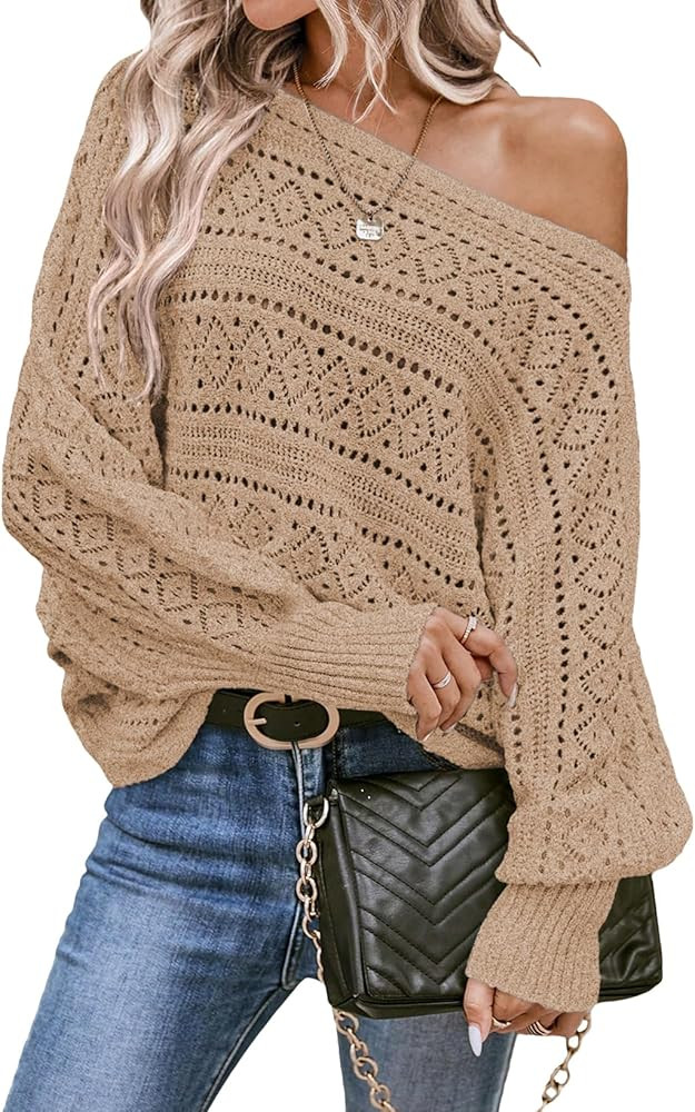 EVALESS Women's Crochet Boat Neck Long Sleeve Loose Fit Sweaters Fall Winter Clothes for Women Fa... | Amazon (US)