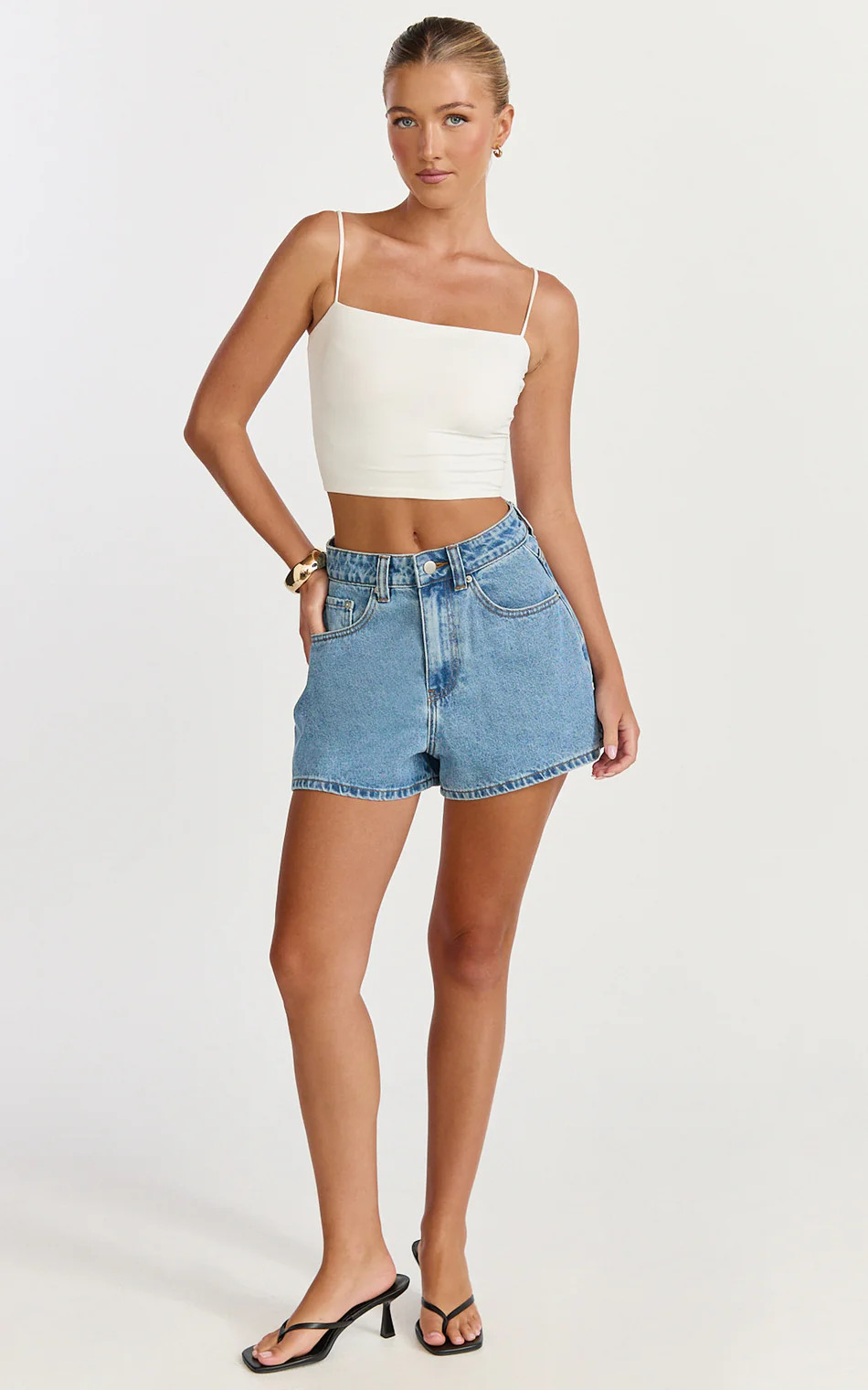 High Waisted A Line Denim Shorts in Light Mid Blue Wash | Showpo (US, UK & Europe)