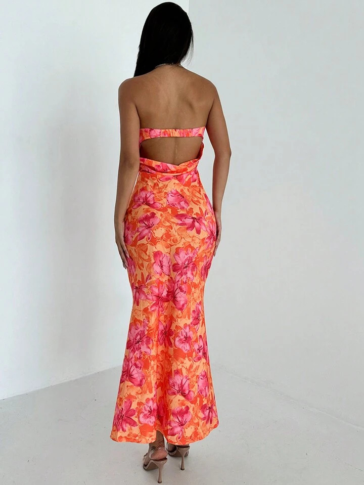 Firerie Women's Elegant Vacation Beach Romantic Backless Halter Floral Print Dress | SHEIN