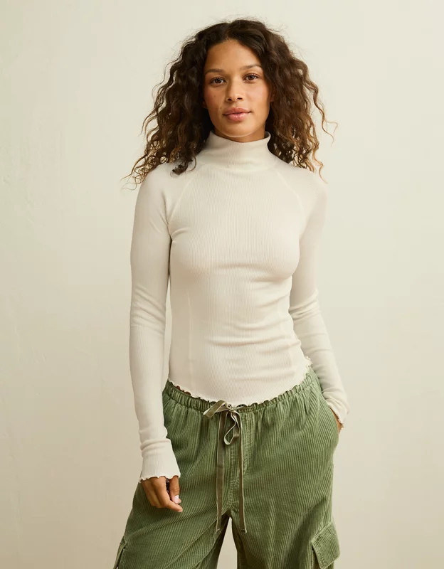 AE Soft & Sexy Waffle Mock Neck Tee Women's Natural White XXL | American Eagle Outfitters (US & CA)