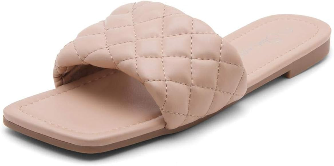 Anisha Women's Square Open Toe Slides Cute Quilted Single Band Slip on Flat Sandals | Amazon (US)