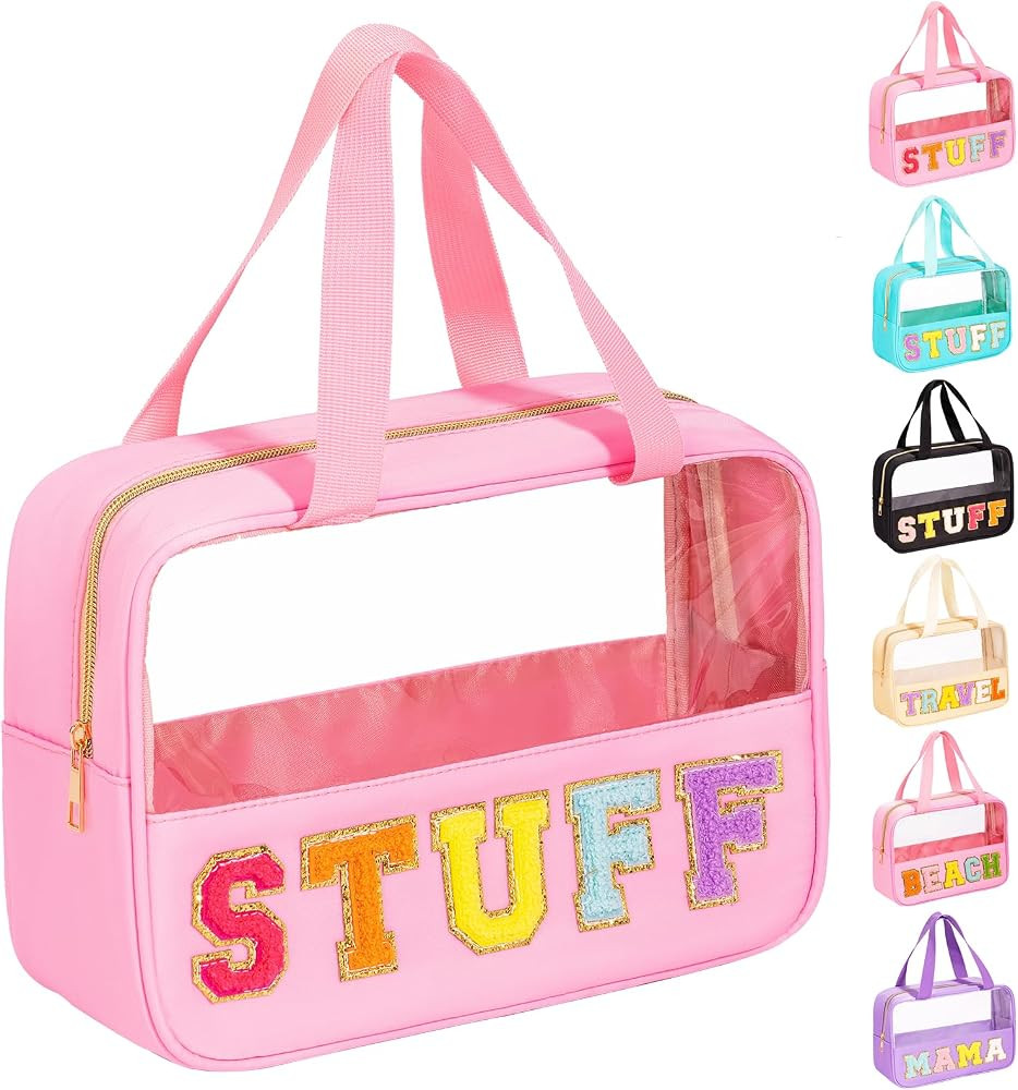 eurovicky Chenille Letter Patch Clear Makeup Bag, Preppy PVC&Nylon Makeup Bag with Handle and Zip... | Amazon (US)